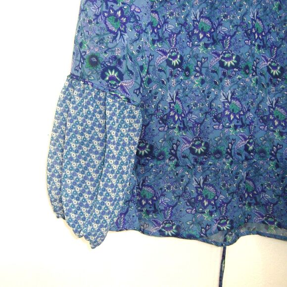 Susan Lucci Boho Blue Floral Chiffon 1/4 Button Front Long Sleeve Blouse Size L - Picture 11 of 11